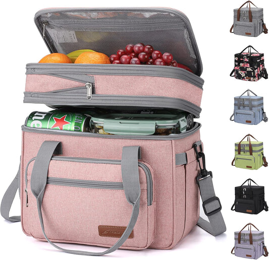 Maelstrom Lunch Box, 23L Insulated Lunch Bag, Expandable Double Deck Cooler Bag, Lightweight Leakproof Tote Bag With Side Tissue Pocket, Suit For Men and Women (E. Pink)