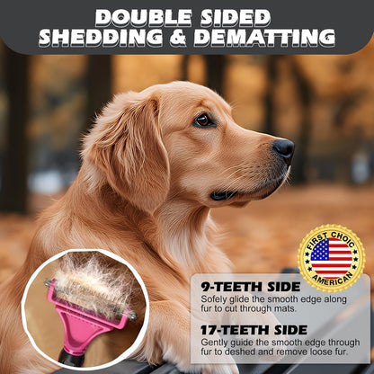 3PCS Pet Grooming Rake & Metal Comb & Flea Comb for Cats and Dogs, Double-Sided Dematting Tool, Extra-Wide Deshedding Dog Brush for Long Hair to Effectively Remove Tangles, Knots and Mats (Pink)