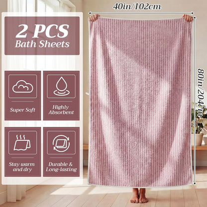 2 Pack Oversized Bath Towels 40 x 80 in Coral Fleece Extra Large Pink and White Striped Bath Sheets Microfiber Quick Dry Absorbent Shower Towel for Beach Pool Hotel Bathroom Spa Gym