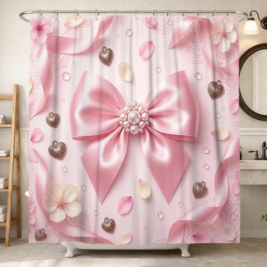 Bow Shower Curtain, Romantic Elegant Hearts Flowers Spring Peach Waterproof Fabric Toile Cloth Shower Curtains for Bathroom Toile Guest Room Decor 72x78 Inch