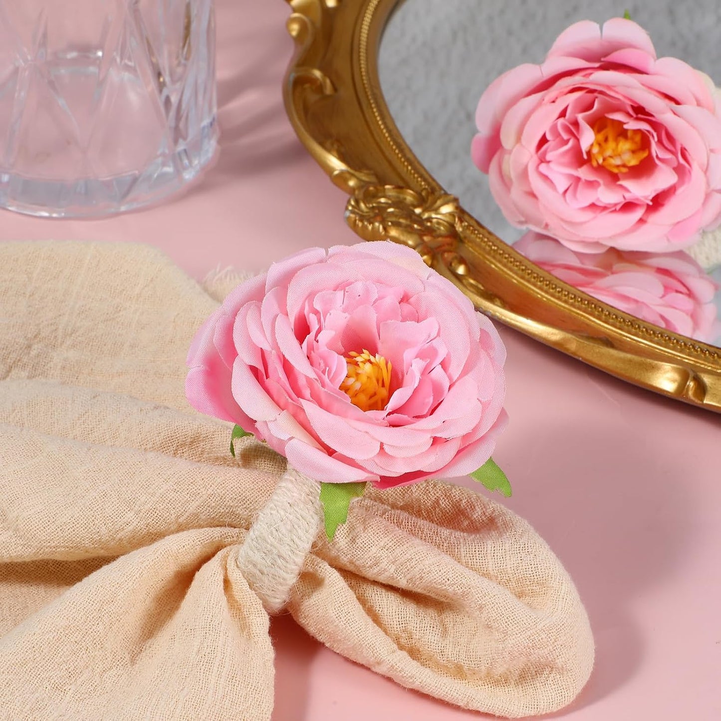 12 Pcs Flower Napkin Rings,Pink Peony Flower Handmade Napkin Holder Rings Table Decorations for Wedding,Fall,Daily Party,Picnics,Banquet,Luncheons,Birthday,Christmas,Valentine's,Thanksgiving