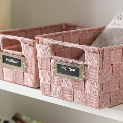 Decorative Woven Strap Set of 3 Nesting Baskets with Cutout Handles and Labels, Bathroom Countertop Storage Bins, Handmade Organization Containers for Home Shelves, Closets and Pantry (Pink)