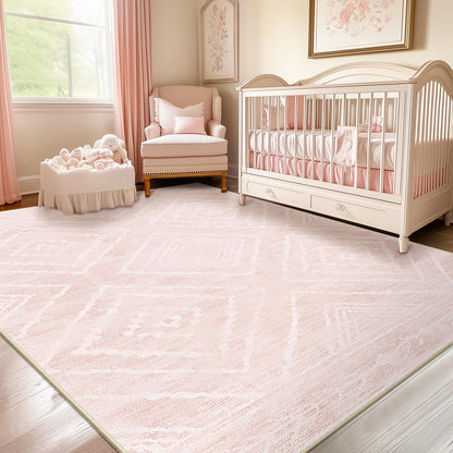 BESTSWEETIE Area Rug 9x12 Rug Machine Washable Non-Slip Low Pile Print Pattern Western Rug for Living Room Bedroom Entryway Tribal Series -Light Pink/Cream