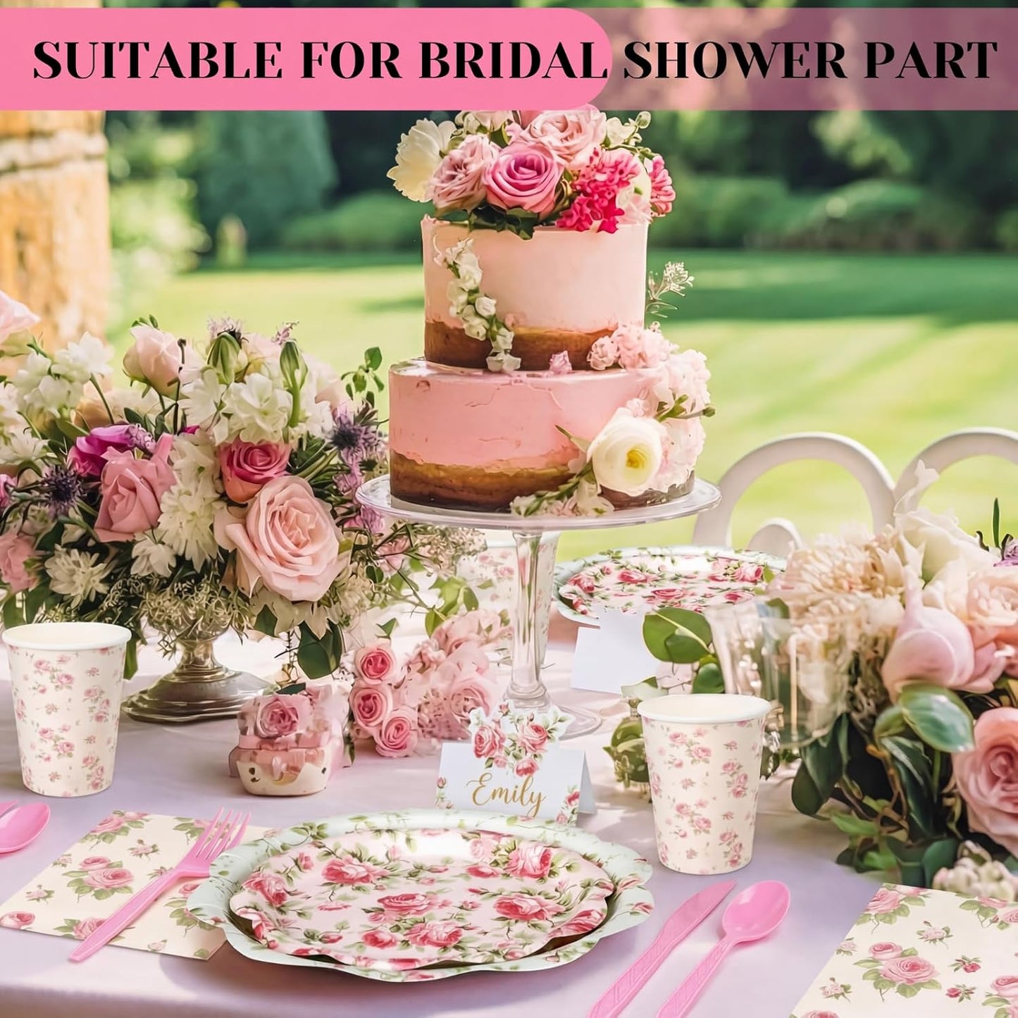 Shellwei 410 Pcs Pink Rose Tea Party Decorations Elegant Floral Paper Plates and Napkins Set Disposable Party Tableware Sets with Cups Knives Forks Spoons Seat Card Favors for 50 Guests