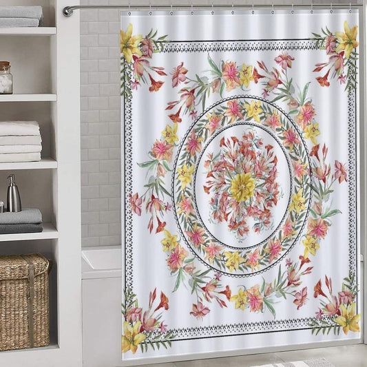 Boho Floral Shower Curtain for Bathroom, Hippie Bohemian Pink Spring Floral Medallion Indian Mandala Chic Aesthetical Colorful Waterproof Fabric Shower Curtain Set with Hooks, 72"x84" Inch