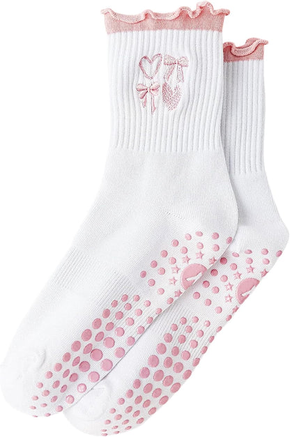 Yawlsow Cute Pilates Grip Socks for Women Ruffle Frilly Yoga Socks Non Slip Cotton Crew Grippy Sock for Barre Workout