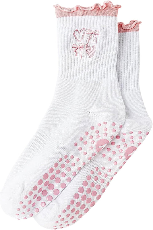 Yawlsow Cute Pilates Grip Socks for Women Ruffle Frilly Yoga Socks Non Slip Cotton Crew Grippy Sock for Barre Workout