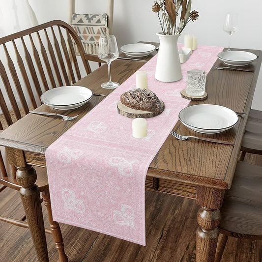 Pink White Damask Heart Table Runner European Baroque Style Table Runners for Kitchen Dining Room Exotic Luxurious Paisley Floral Dresser Runners for Home Party Decor 72x13 Inch