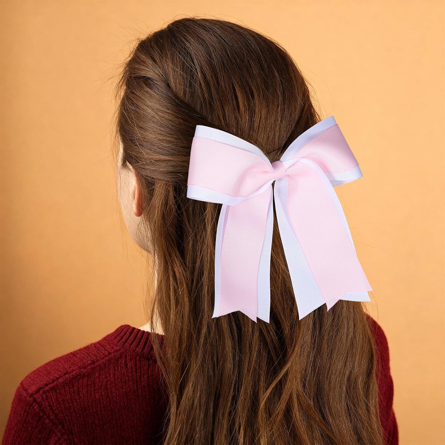 6 Inch Cheer Hair Bow Clip 2 Layers Grosgrain Ribbon Hairpin Handmade Alligator Hair Accessories for Girls Cheerleaders, White&Pink