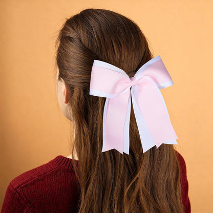 6 Inch Cheer Hair Bow Clip 2 Layers Grosgrain Ribbon Hairpin Handmade Alligator Hair Accessories for Girls Cheerleaders, White&Pink