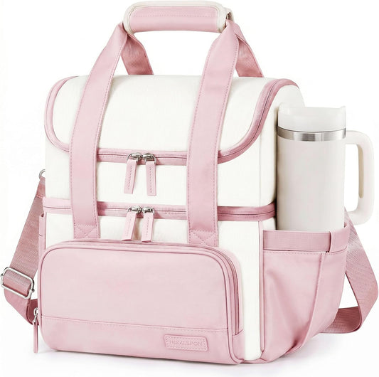 HOEMSPON Insulated Lunch Bag for Women Double Layer Leakproof Lunch Box with Cup Holder Large Cooler Tote with Shoulder Strap for Work Nurse Teacher Picnic (Pink)