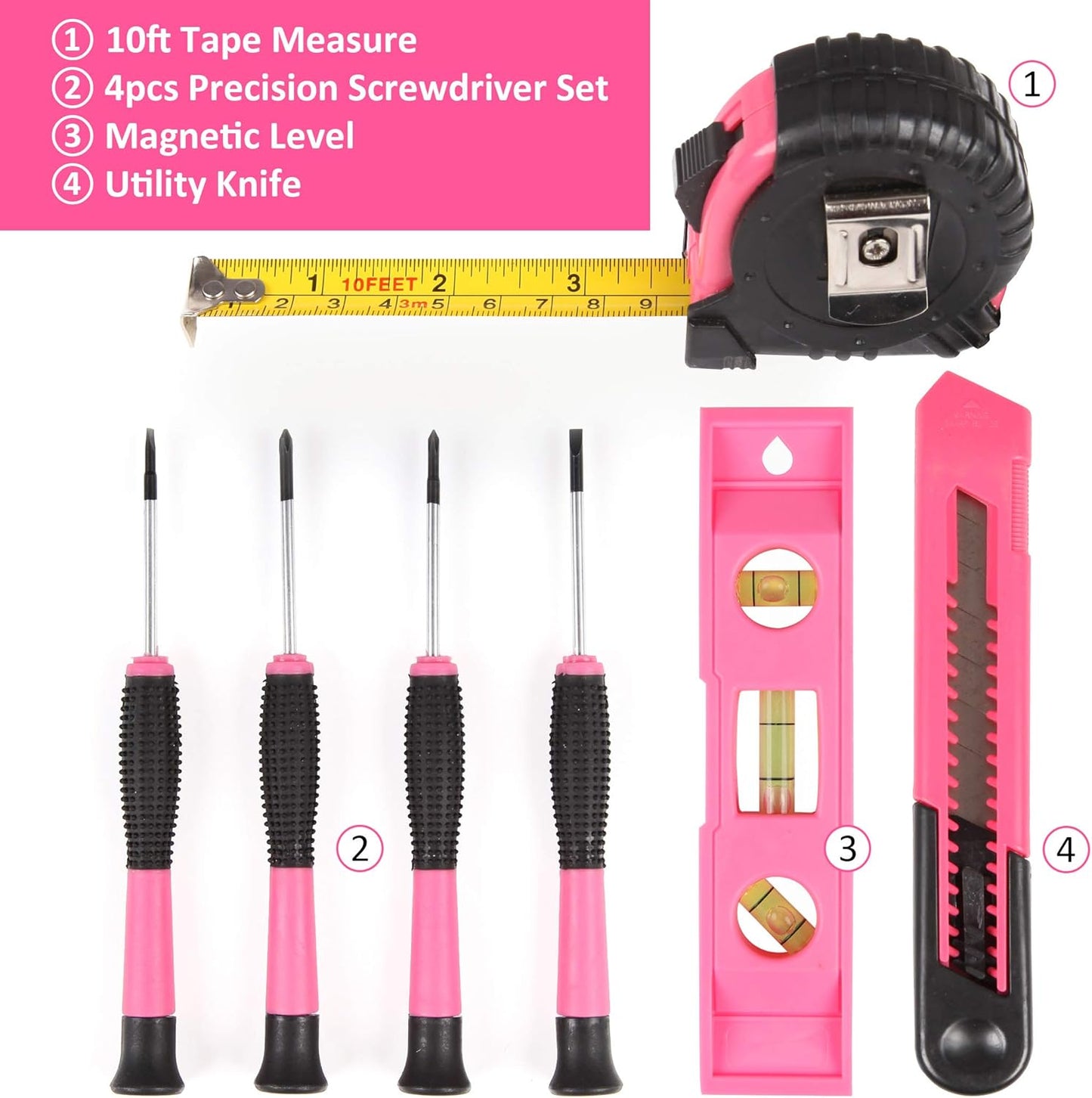 CARTMAN 52-Piece Tool Set Hand Tool Set with Easy Carrying Round Pouch - Perfect for DIY Pink