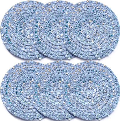 Bar Coasters Set of 6,Cotton Coasters for Drinks,Boho Coasters Pink Cup Coaster Table Coaster for Coffee, Bars,Home and Decorative Furniture 4.3 Inch (Blue)
