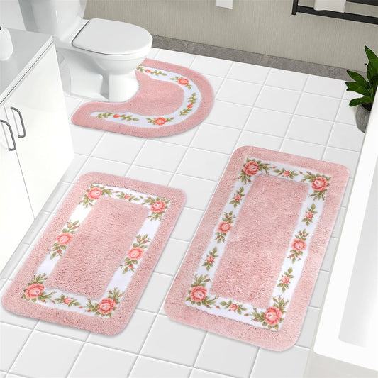 Rose Bathroom Rugs Sets 3 Piece,Flower Bath Carpet, Soft Absorbent Microfiber Floral Bath Rugs and U-Shaped Contour Toilet Rug Area Rug Set, Coquette Bath Mat Set for Bathroom, Pink
