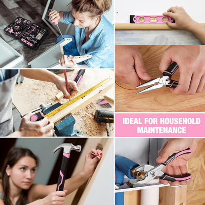 WORKPRO 20V Pink Cordless Drill Driver and Home Tool Set, 141PCS Hand Tool Kit for DIY, Home Maintenance, 2.0 Ah Li-ion Battery, 1 Hour Fast Charger, and Tool Box Included - Pink Ribbon