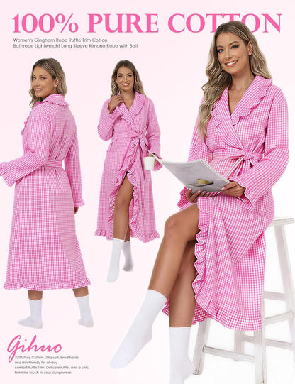 Gihuo Cotton Robes for Women Gingham Long Sleeve Ruffle Trim Robe Bathrobe Lightweight Plaid Loungewear Sleepwear