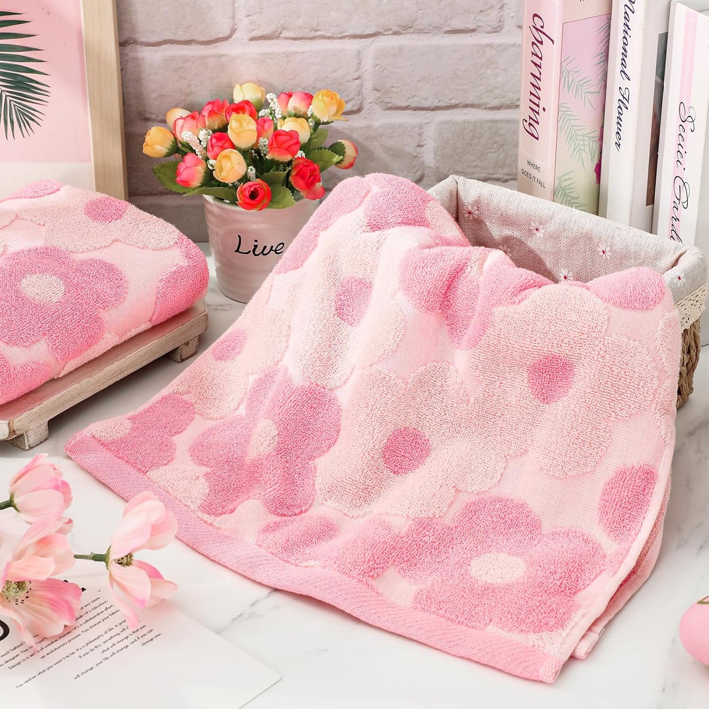 FYSUIMU 2 Pcs Pink Floral Hand Towels 3D Jacquard Cotton Bath Towel Spring Flower Absorbent Dish Towels for Housewarming Home Kitchen Bathroom Decor Gift Set, 29.5 x 13.7 Inch