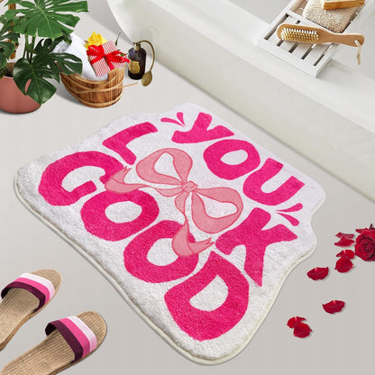 SHIYUE You Look Good Bath Mat Cute Bow Funny Bathroom Rug, Soft Absorbent Water Non Slip, Superior Washable Microfiber Cool Shower Preppy Decor Rug (21"x25"Pink)