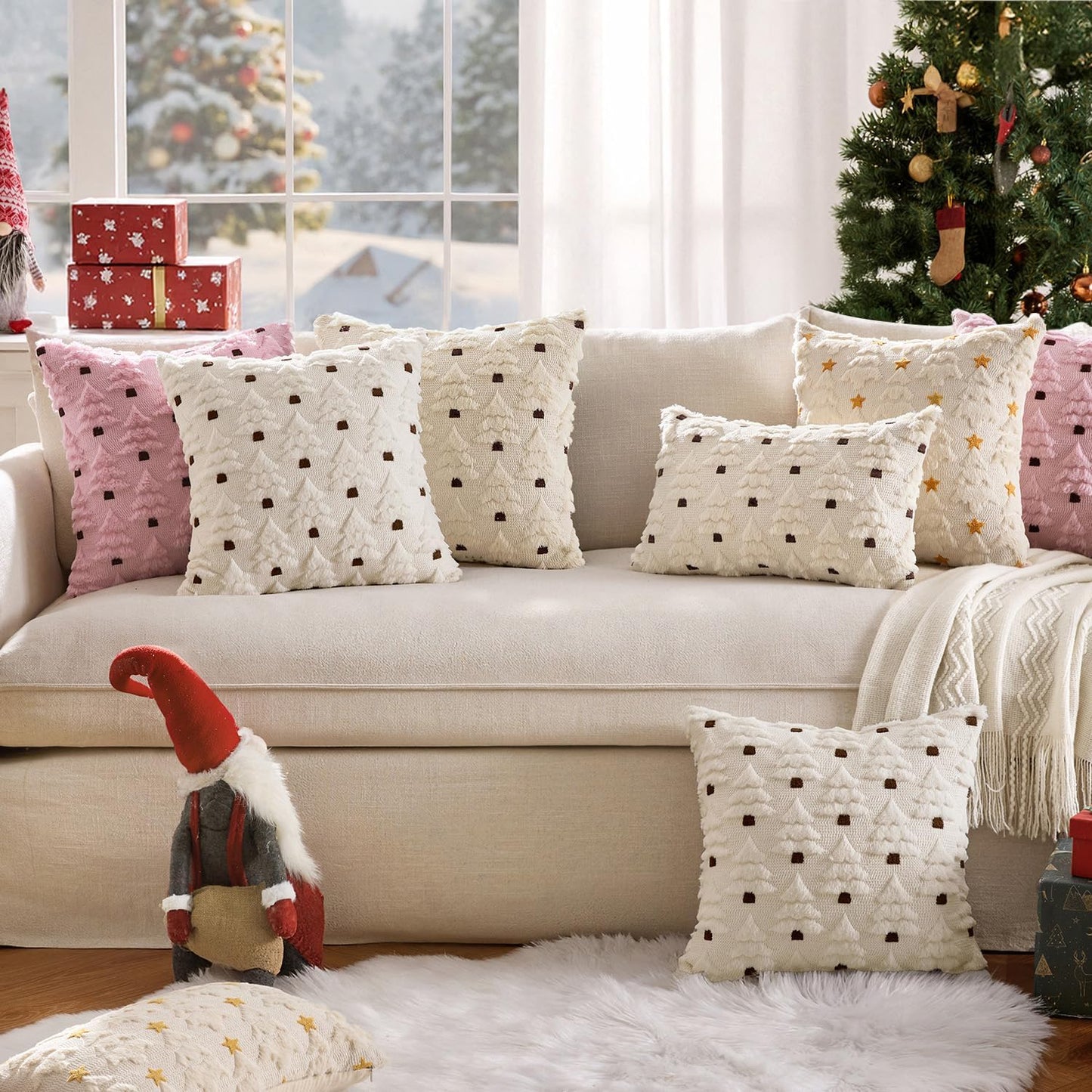 MIULEE Christmas Tree Decorative Pillow Covers Faux Fur Wool Throw Pillows Soft Plush Cushion Covers Set of 2 Xmas Home Decor Winter Holiday for Sofa Couch Livingroom Bed 18x18 Inch Pink