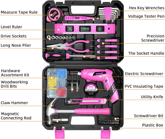 Pink Tool Set,130 Piece Home Tool Kit for Women with 3.6V Cordless Rechargeable Screwdriver,Basic Household Tool Kit Set for New Home,Apartment,College Dorm & DIY Projects