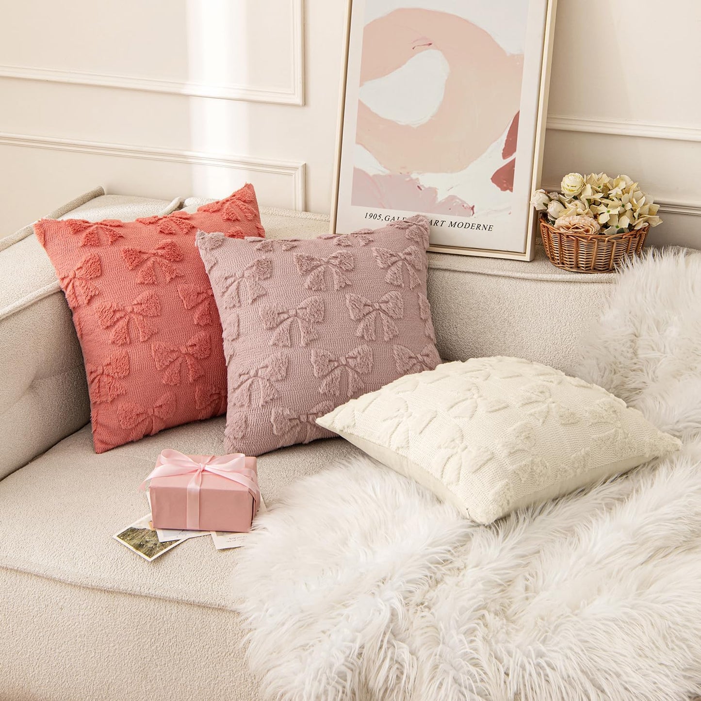 MIULEE Blush Pink Bow Pillow Covers Coquette Room Decor Aesthetic Set of 2 Spring Decorative Cute Girl Soft Plush Faux Pillowcase for Preppy Room Decor Bedroom Couch,18x18 Inch