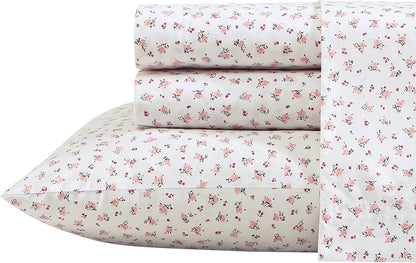 Betsey Johnson- Queen Bed Sheets, Cotton Percale Bedding Set, Crisp & Cool, Lightweight & Breathable (Baby Buds Pink, Queen)