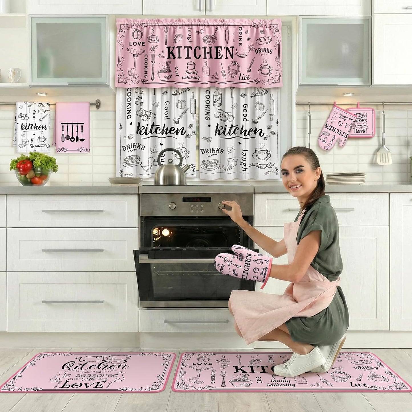 Fourluoo 13 Pcs Pink Kitchen Decor Set 4 Black Kitchen Towels 2 Cute Nonslip Rugs and Mats 3 Modern Curtains Valance 2 Pot Holders 2 Oven Mitts for Home Decoration Mom Cooking Grilling Gift