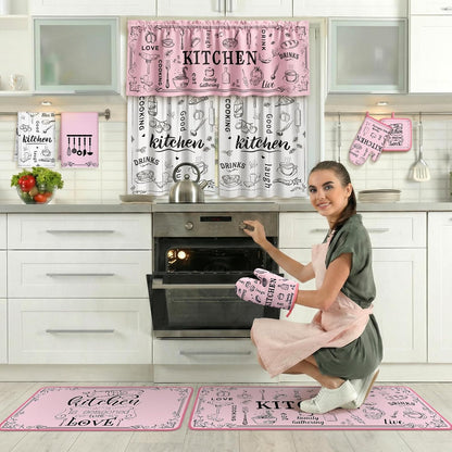 Fourluoo 13 Pcs Pink Kitchen Decor Set 4 Black Kitchen Towels 2 Cute Nonslip Rugs and Mats 3 Modern Curtains Valance 2 Pot Holders 2 Oven Mitts for Home Decoration Mom Cooking Grilling Gift