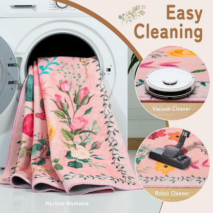 Area Rug for Living Room, 4x6Ft Washable Rug, Floral Low Pile Non-Slip Carpet for Bedroom Office Playroom Entryway Kitchen Dining Room, Pink