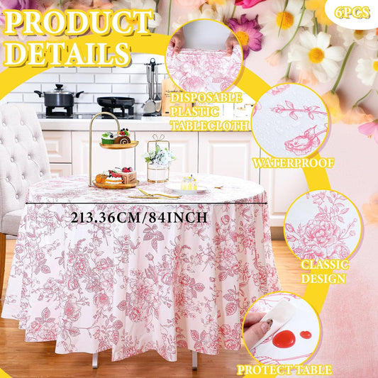 Ganeen 6 Pcs Pink Floral Plastic Tablecloth 84 Inch Round Vintage Floral Tablecloth Disposable Round Flower Waterproof Table Covers for Birthday Wedding Baby Shower Picnic Dinner Party Decoration