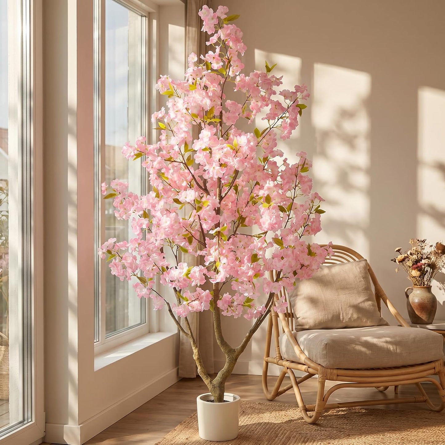 Warmplants 6ft Artificial Cherry Blossom Tree, Fake Sakura Pink Flower Plant in White Planter, Faux Blooming Trees for Home Office Wedding Entryway Décor