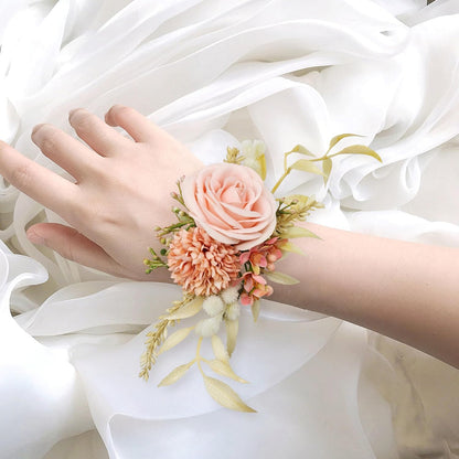 Pink Artificial Wrist Corsage and Boutonniere Set, Set of 2, Wristband Bride Hand Flower Men Boutonniere for Groom Wedding Party Prom Homecoming