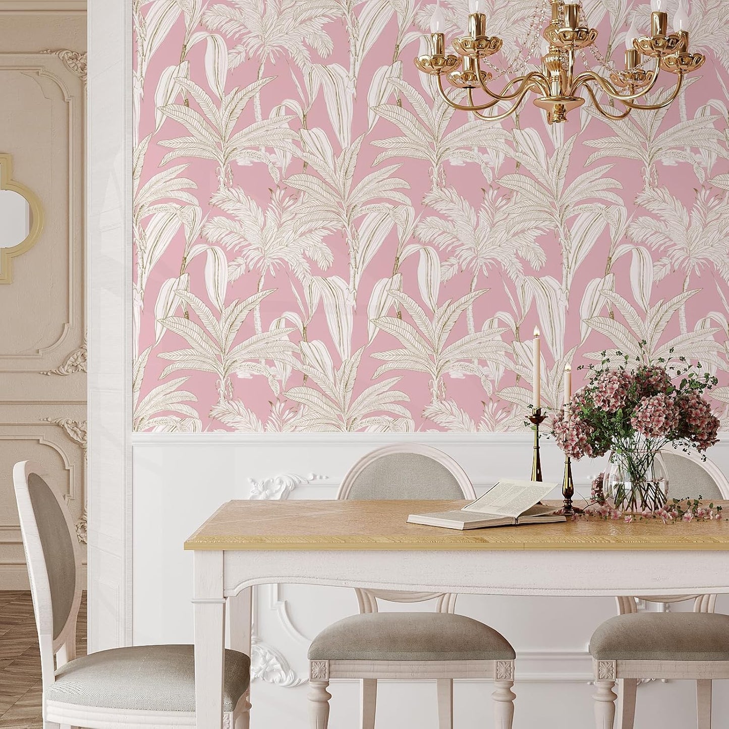 VaryStyle 17.7"x393" Pink Palm Tree Wallpaper Tropical Jungle Palm Leaf Peel and Stick Wallpaper Pink and White Floral Contact Paper Waterproof Renter Friendly Wall Paper for Bathroom Girls Room Shelf