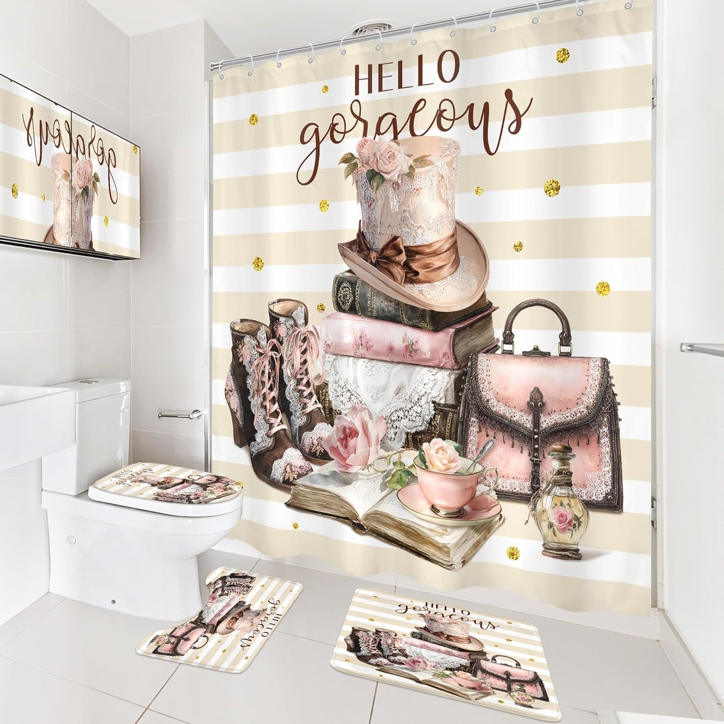 4Pcs Pink Brown Shower Curtain Set, Vintage Fashion Lace Flower Beige White Striped Books Boots Cups Bathroom Curtain with Rug, Toilet Lid Cover, Bath Mat, Women Shower Curtain with 12 Hooks