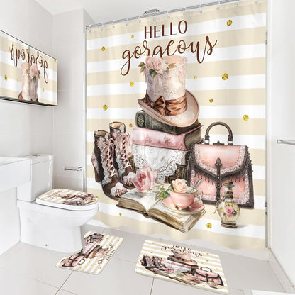 4Pcs Pink Brown Shower Curtain Set, Vintage Fashion Lace Flower Beige White Striped Books Boots Cups Bathroom Curtain with Rug, Toilet Lid Cover, Bath Mat, Women Shower Curtain with 12 Hooks