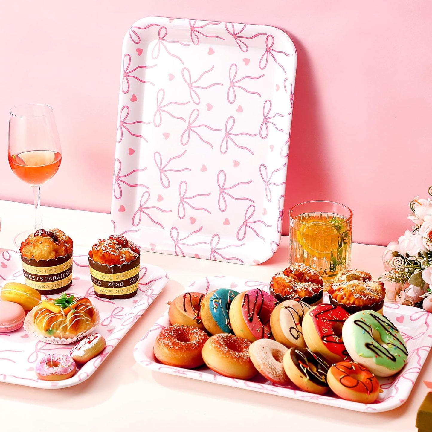 Tioncy 3 Pcs Pink Bow Serving Tray Bowknot Reusable Plate Dish 13" x 10" Decorative Tray Platter for Serving Food Room Organiser Home Party Supplies