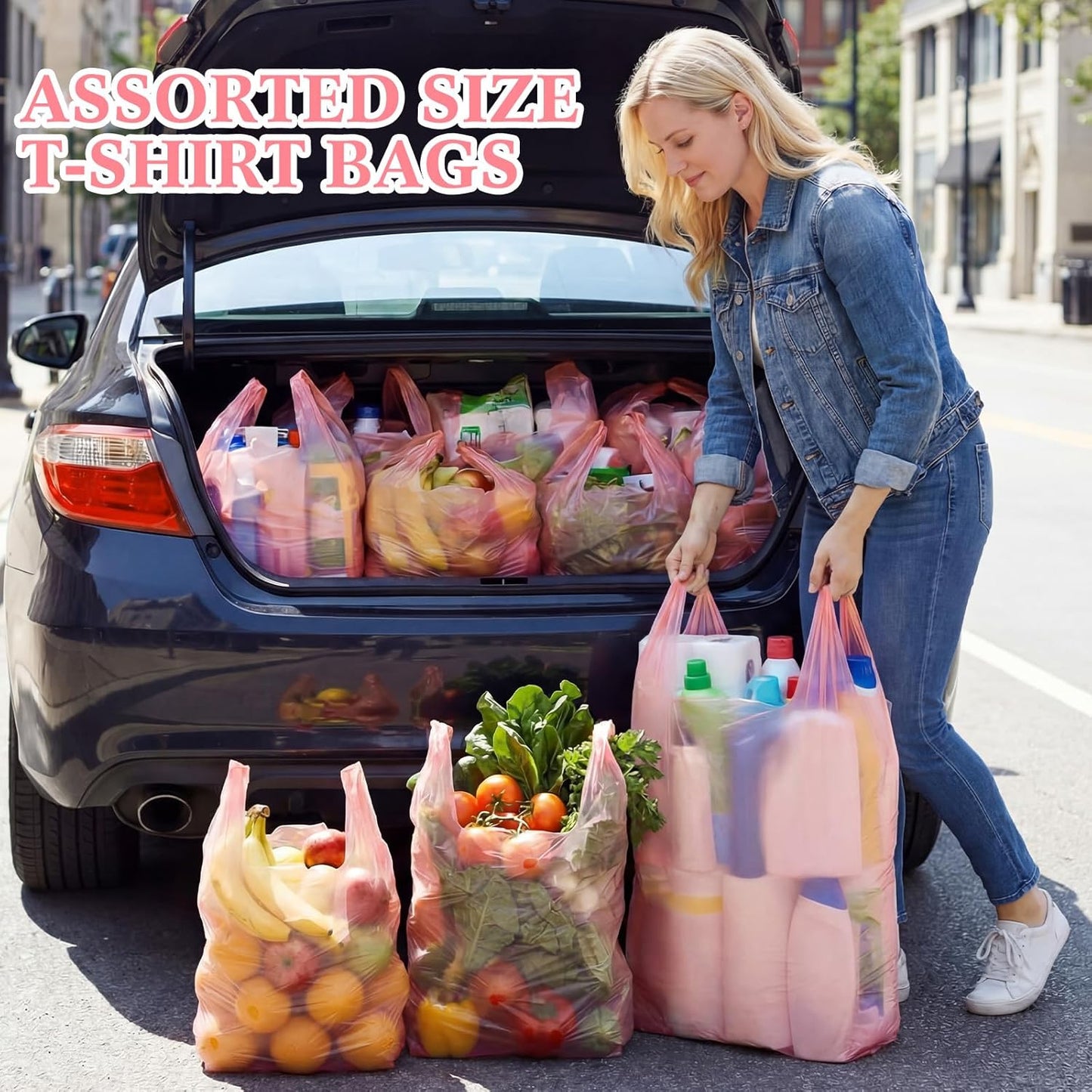 Dunzoom 200 Pcs Pink T-shirt Bags Bulk PE Plastic Shopping Trash Grocery Retail Bags with Handles for Business, Retails, Grocery, Take Out, Supermarket, 3 Size, 17" x 29", 12" x 20", 7" x 13"