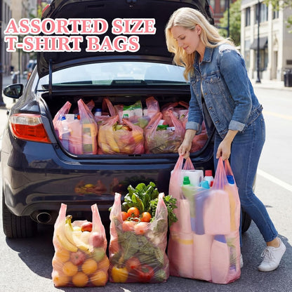 Dunzoom 200 Pcs Pink T-shirt Bags Bulk PE Plastic Shopping Trash Grocery Retail Bags with Handles for Business, Retails, Grocery, Take Out, Supermarket, 3 Size, 17" x 29", 12" x 20", 7" x 13"