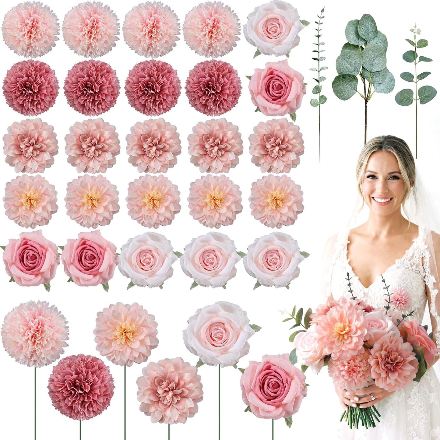 XunYee 50 Pcs Fake Artificial Flowers with Stem Eucalyptus Leaves Silk Fake Flowers for Vase Artificial Bouquet Table Centerpiece for DIY Wedding Party Wreath Home Decor(Pink)