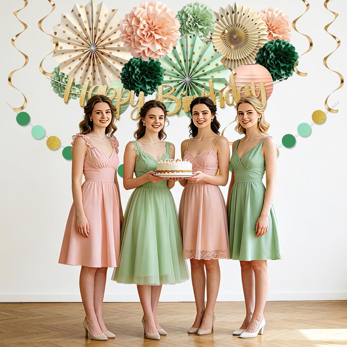 Sage Green and Peach Party Decorations, Boho Birthday Decorations for Women Girls, Baby Shower Decorations with Olive Peach Paper pom pom, Lanterns, Fans for Bridal Shower Wedding Engagement