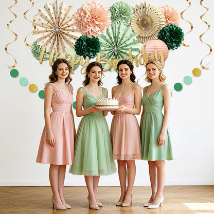 Sage Green and Peach Party Decorations, Boho Birthday Decorations for Women Girls, Baby Shower Decorations with Olive Peach Paper pom pom, Lanterns, Fans for Bridal Shower Wedding Engagement