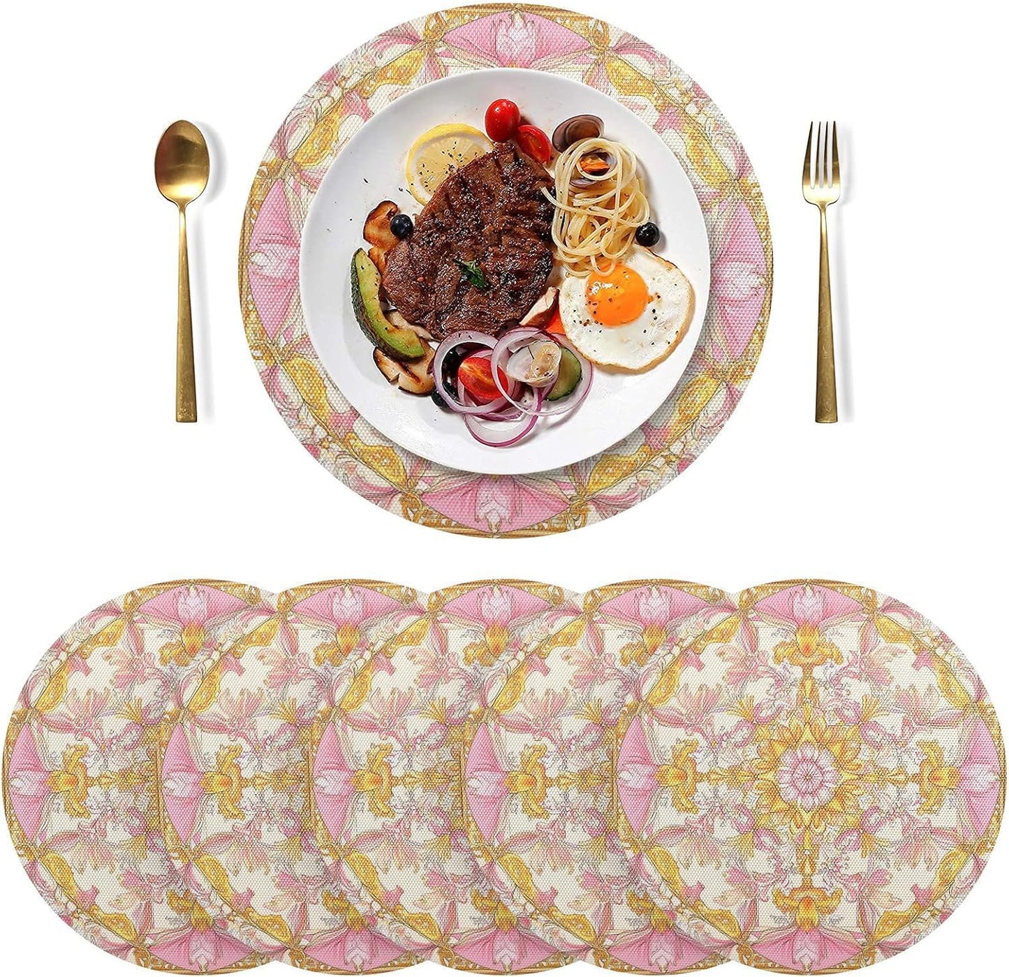 Retro Floral Pattern Gold and Peach Decorative Round placemats Quilted Reversible placemats Washable placemats for Kitchen Table Chargers Dinner Plates placemats Easy to Clean Waterproof