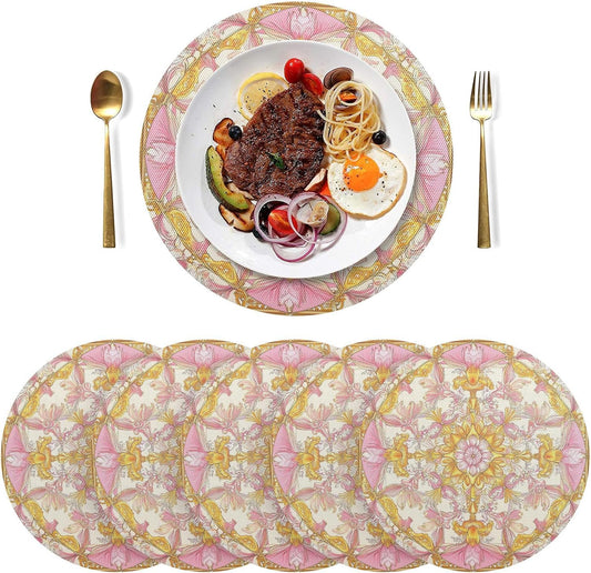 Retro Floral Pattern Gold and Peach Decorative Round placemats Quilted Reversible placemats Washable placemats for Kitchen Table Chargers Dinner Plates placemats Easy to Clean Waterproof