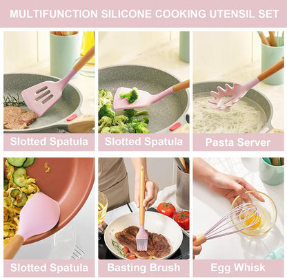 Silicone Cooking Utensils Kitchen Utensil Set - 446°F Heat Resistant Silicone Kitchen Utensils Set, Spatula,Turner Tongs, Spoon, Brush, Whisk,Kitchen Gadgets for Nonstick Cookware, BPA Free (Pink)