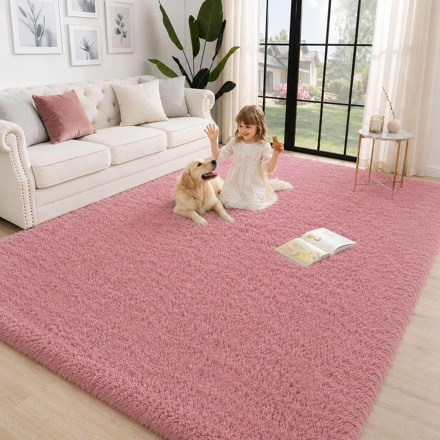 5x8 Ft Blush Pink Fluffy Area Rugs, Pet-Friendly Easy Care Ultra Soft Shag Carpet with Non-Slip Backing, Modern Fuzzy Plush Rug for Living Room, Bedroom & Playroom Decor
