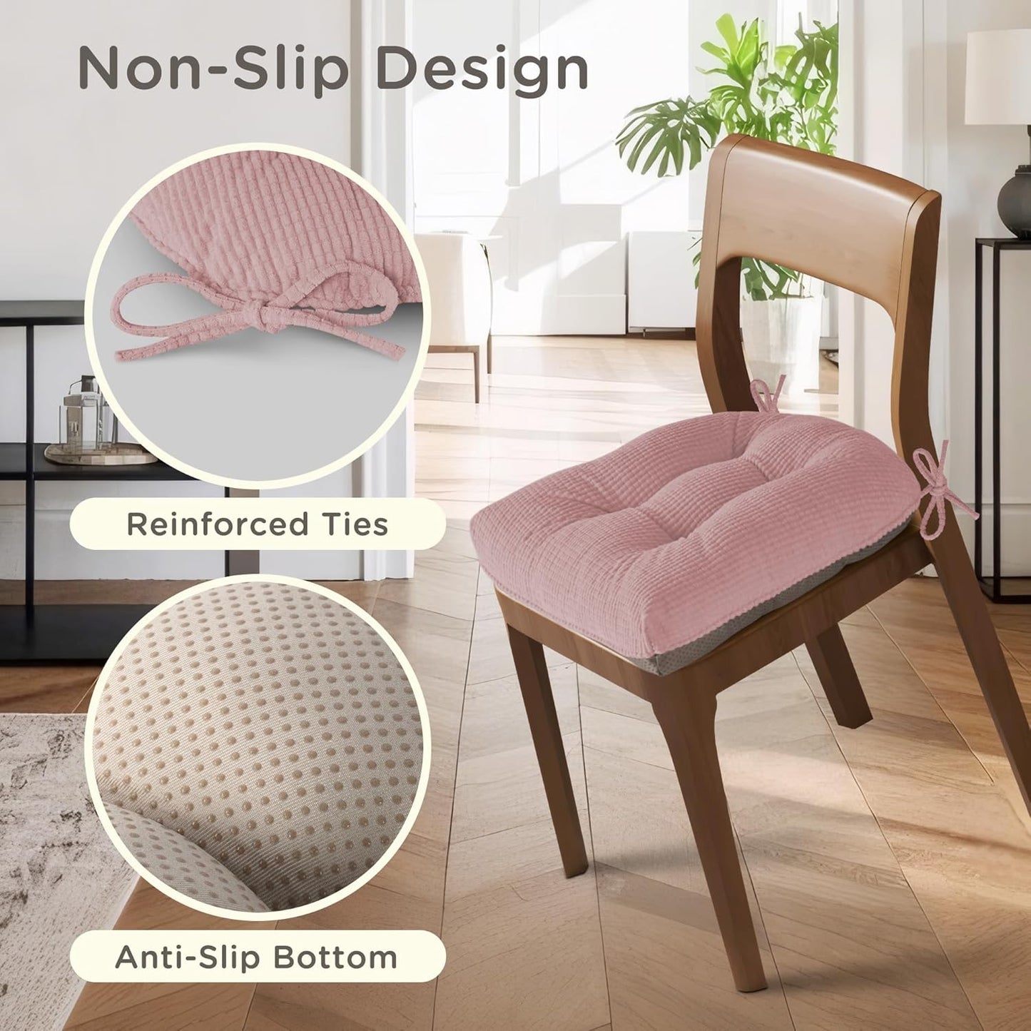 Kitchen Chair Cushions for Dining Chairs Set of 2, Tufted Kitchen Seat Cushions with Ties and Non-Slip Bottom 18"X16.5"X3" Light Pink