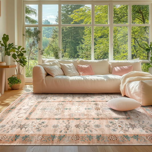 jinchan Area Rug 6x9 Washable Rug, Vintage Floral Living Room Carpet Non Slip Home Decor Rugs, Low-Pile Carpet for Bathroom Entrance Bedroom Office Farmhouse and Dining Table (Dusty Pink)