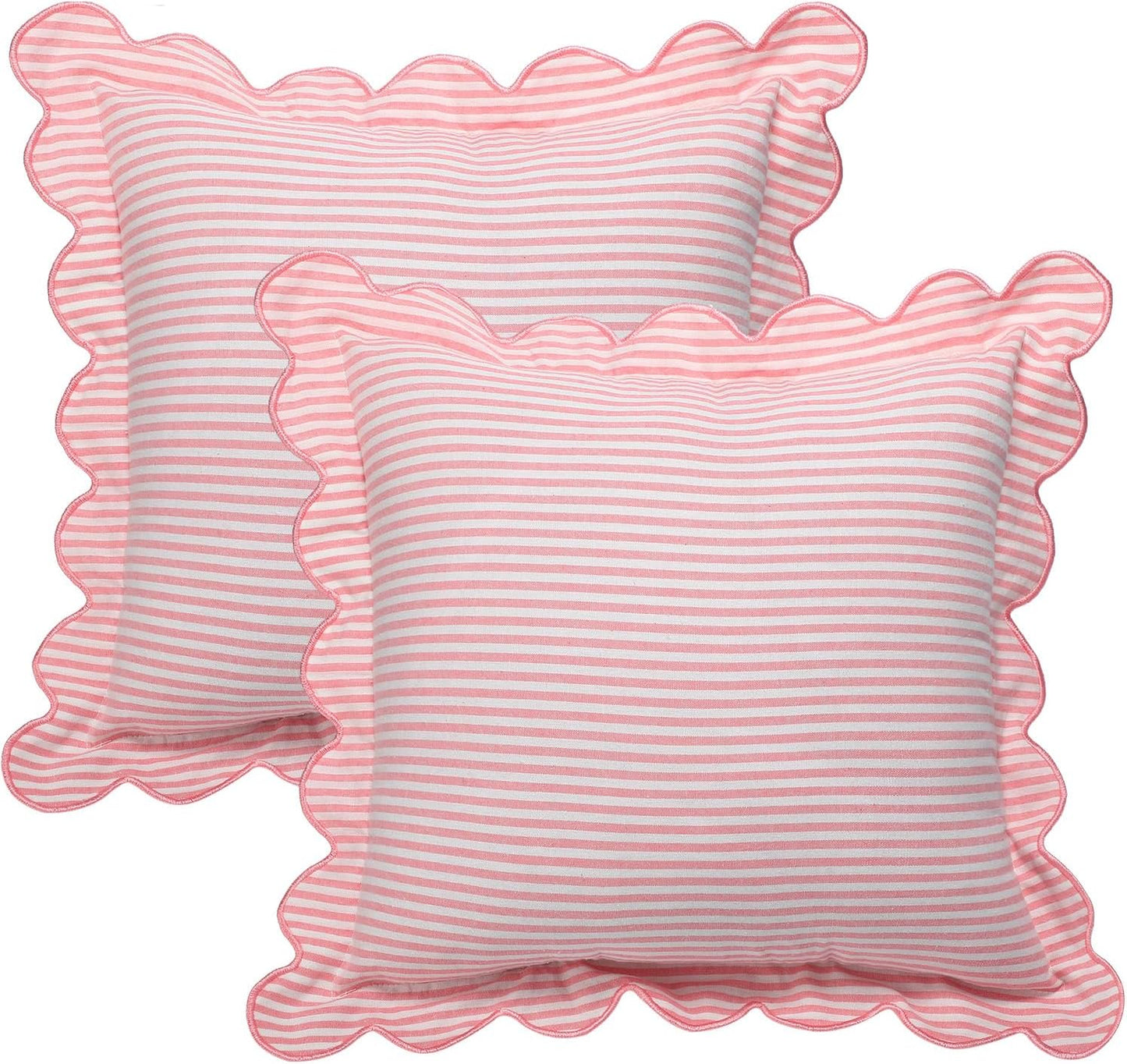 Newwiee 2 Pack Scalloped Pillow Cover 18 x 18 Inch Stripe Throw Pillow Cover Cotton Decorative Pillowcase for Women Men Couch Living Room Cushion Indoor Outdoor Decoration(Pink, Scalloped)