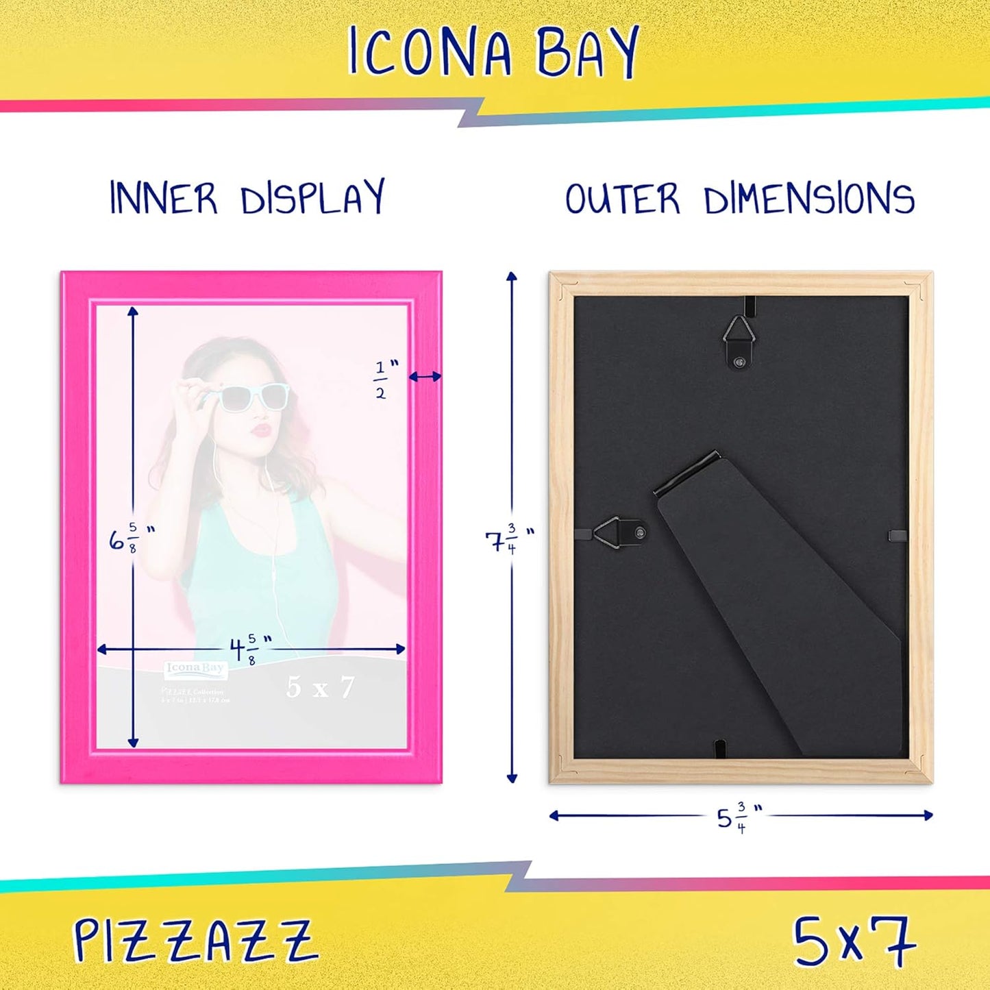 Icona Bay 5x7 Picture Frames (Pink, 3 Pack), Colored Solid Wood Scandinavian Style Frames for Photo, Pizzazz Collection