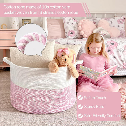 INDRESSME XXXLarge Storage Basket with Handle, Pink Laundry Basket for Nursery Stuffed Animal Storage, Baby Baskets Kids Toy Organizer, 21.7" x 21.7" x 13.8", Pink